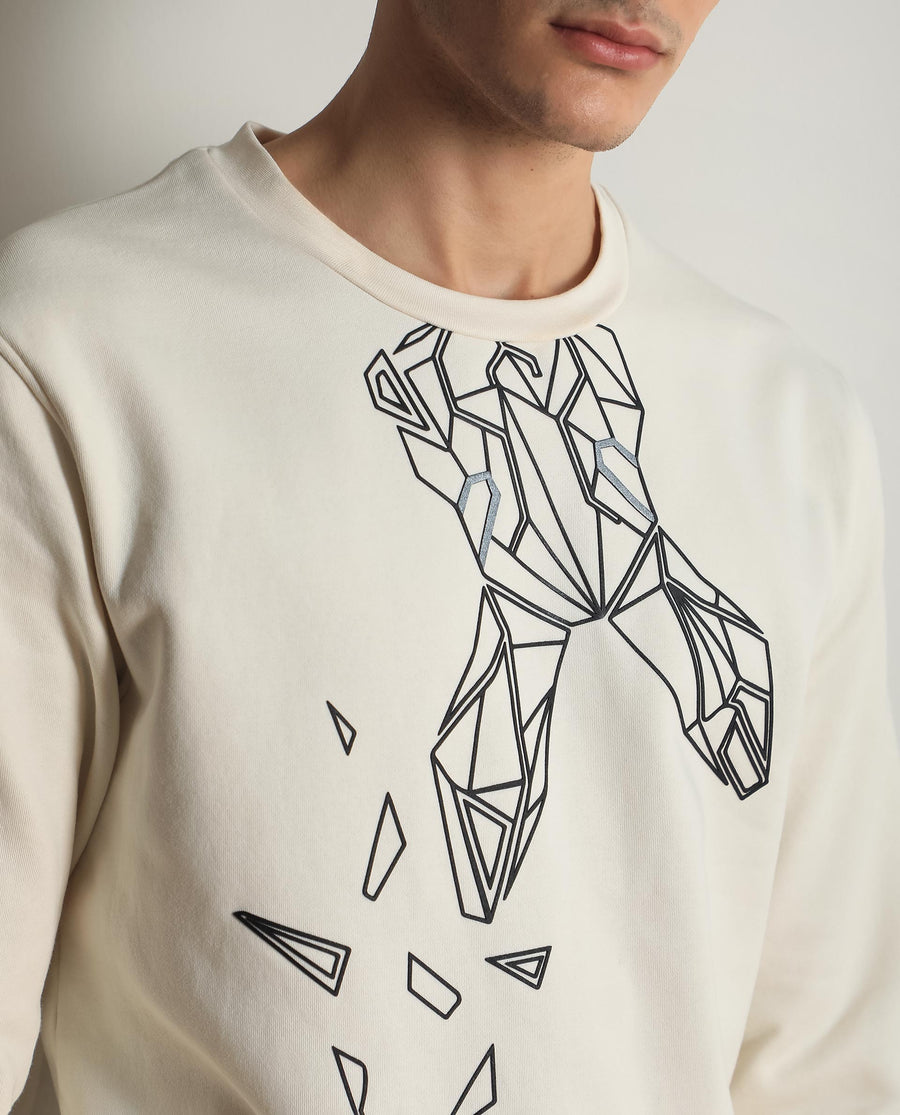 Rare Rabbit Men's Oakk White Graphic Print Regular Fit Full Sleeve Crew Neck Sweatshirt
