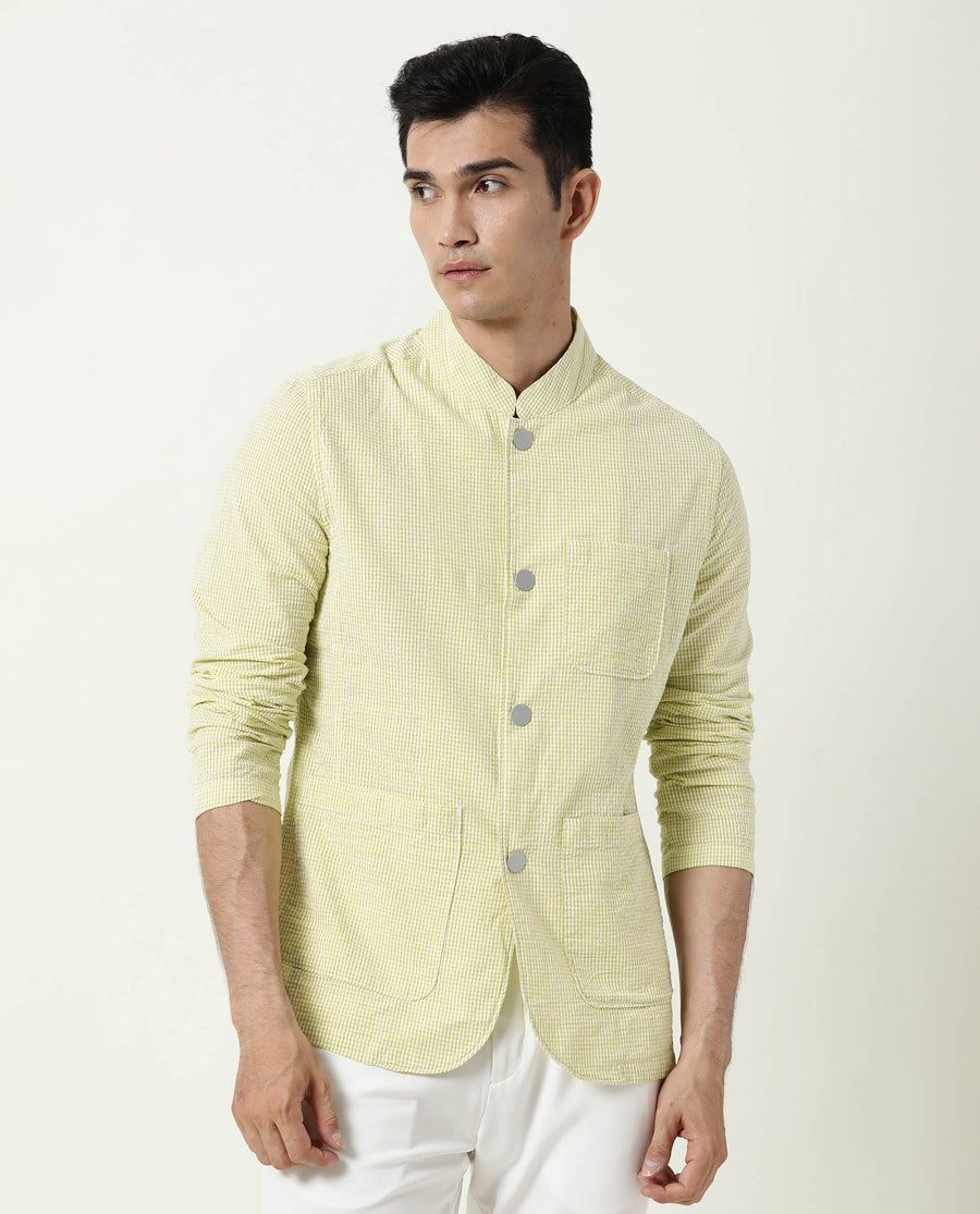 Rare Rabbit Men's Gin Olive Cotton Checked Print Regular Fit Full Sleeve Mandarin Collar Jacket