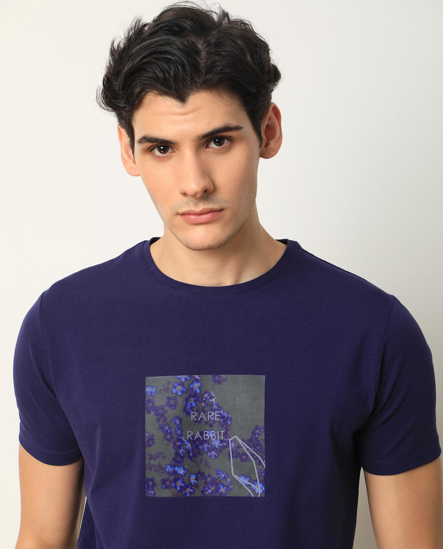Rare Rabbit Men's Capri Purple Cotton Graphic Print Slim Fit Half Sleeve Crew Neck T-Shirt