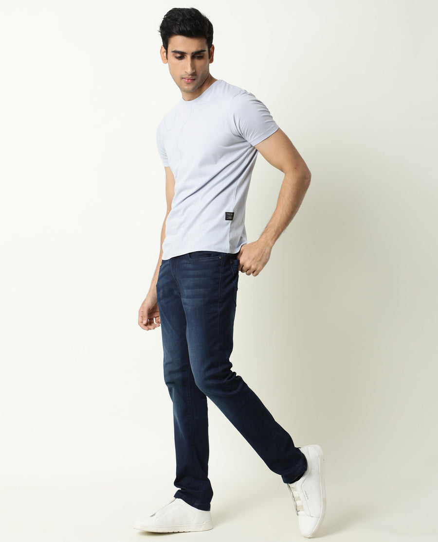 Rare Rabbit Men's Graph Blue Cotton Graphic Print Slim Fit Half Sleeve Crew Neck T-Shirt