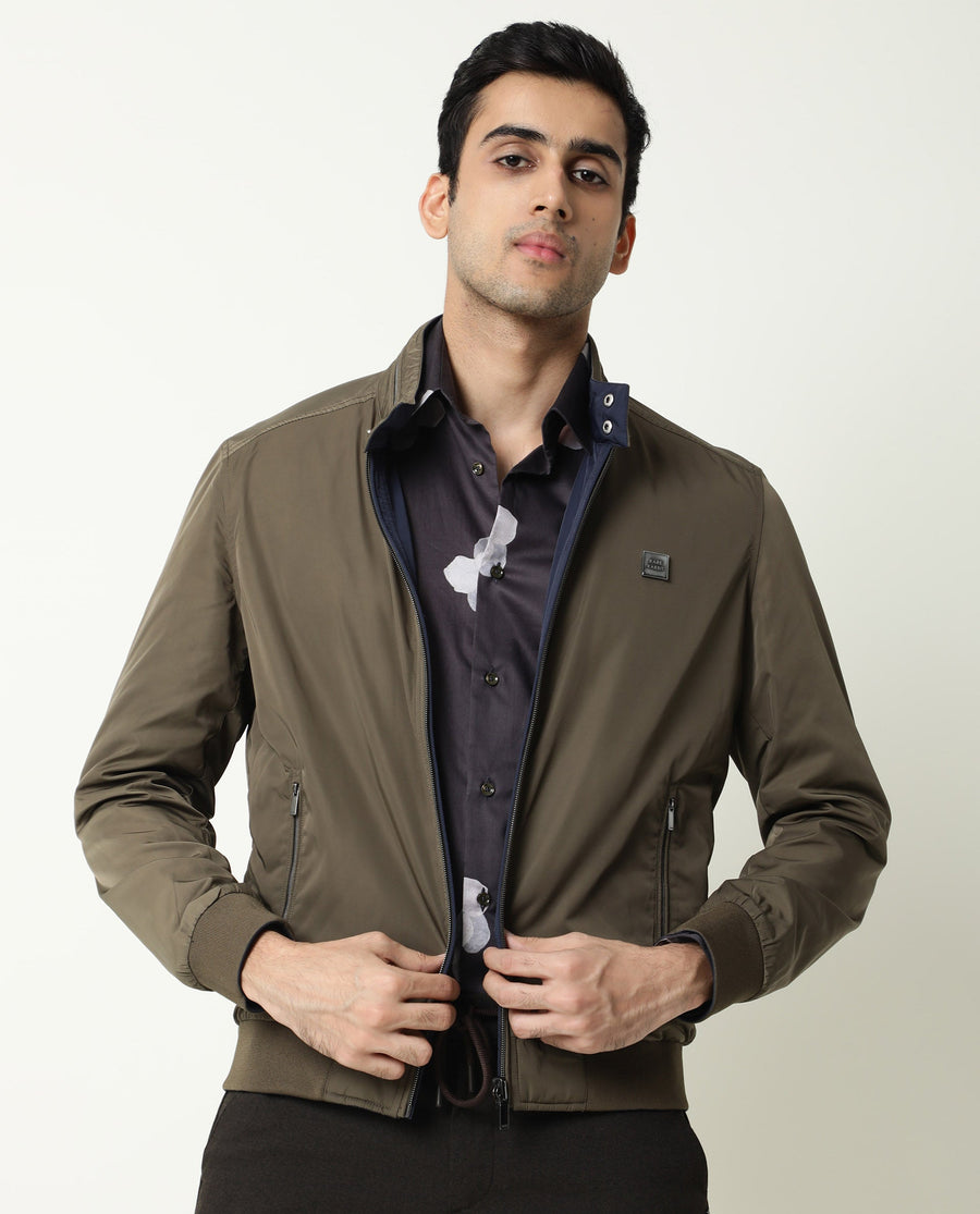 Rare Rabbit Men's Royban Olive Polyester Plain Regular Fit Full Sleeve Mandarin Collar Jacket