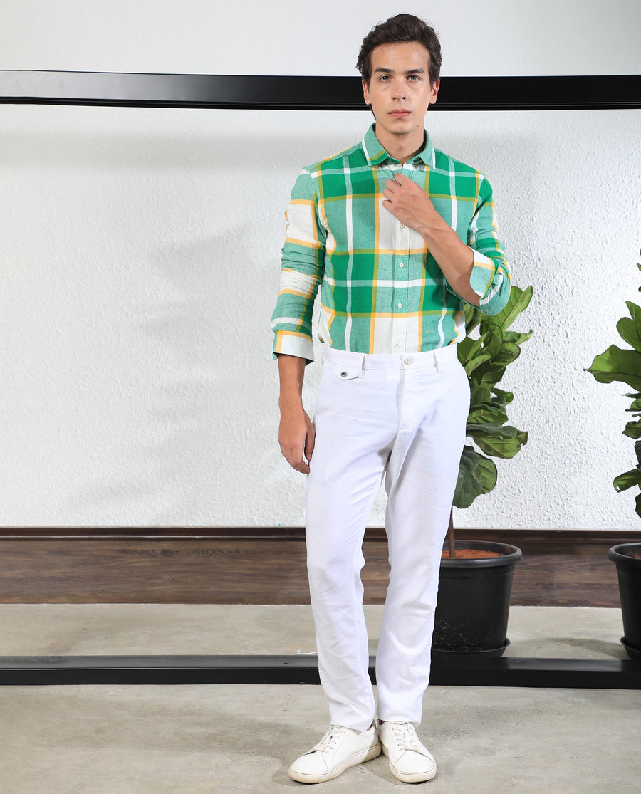 Rare Rabbit Men's Rayo Green Cotton Checked Print Regular Fit Full Sleeve Collared Shirt
