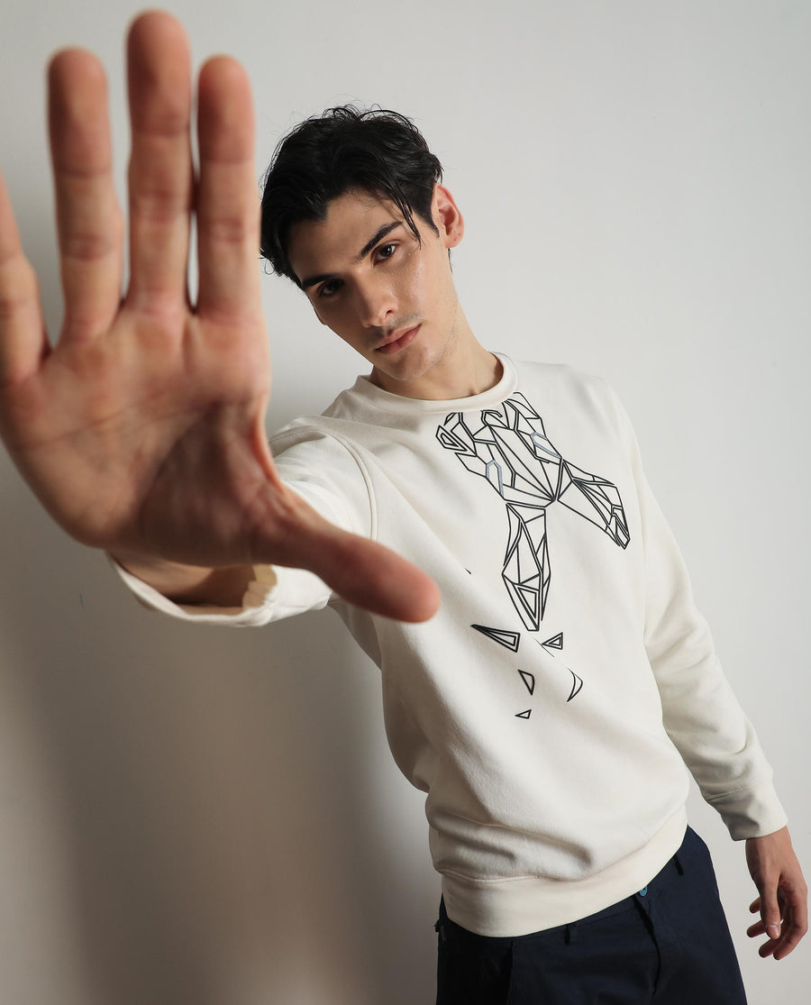 Rare Rabbit Men's Oakk White Graphic Print Regular Fit Full Sleeve Crew Neck Sweatshirt