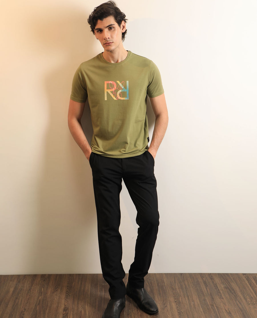 Rare Rabbit Men's Tack Olive Cotton Graphic Print Regular Fit Half Sleeve Crew Neck T-Shirt