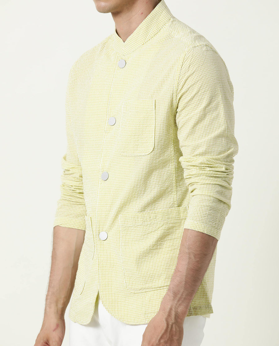 Rare Rabbit Men's Gin Olive Cotton Checked Print Regular Fit Full Sleeve Mandarin Collar Jacket