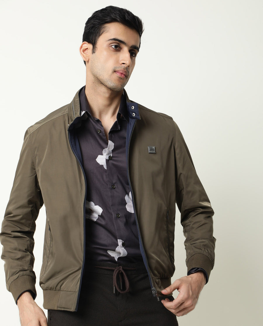 Rare Rabbit Men's Royban Olive Polyester Plain Regular Fit Full Sleeve Mandarin Collar Jacket