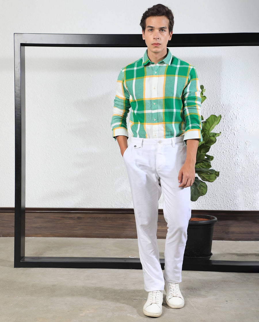 Rare Rabbit Men's Rayo Green Cotton Checked Print Regular Fit Full Sleeve Collared Shirt