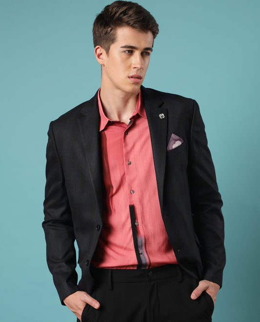 Rare Rabbit Men's Sand Navy Polyester Checked Print Tailored Fit Full Sleeve Lapel Neck Blazer