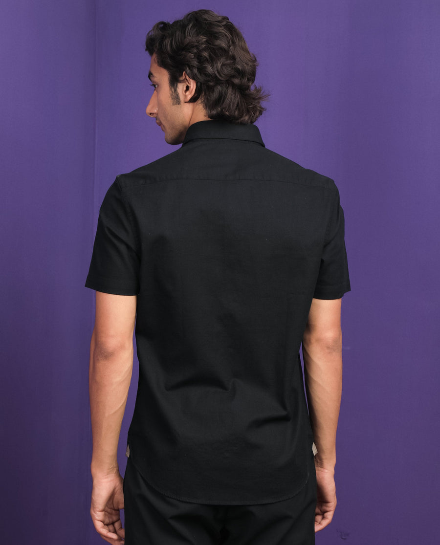Rare Rabbit Men's Darwin - Black Cotton Plain Regular Fit Half Sleeve Collared Shirt