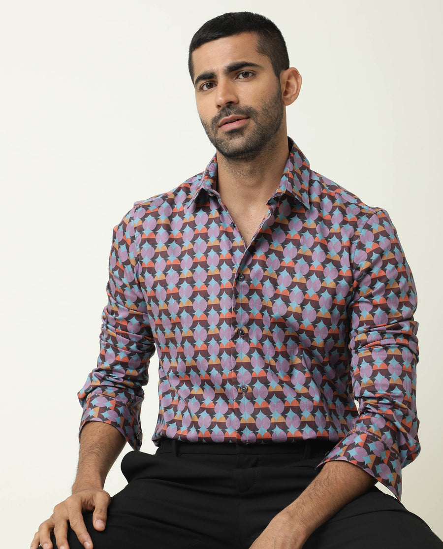 Rare Rabbit Men's Coret Multi Cotton Geometric Print Regular Fit Full Sleeve Collared Shirt