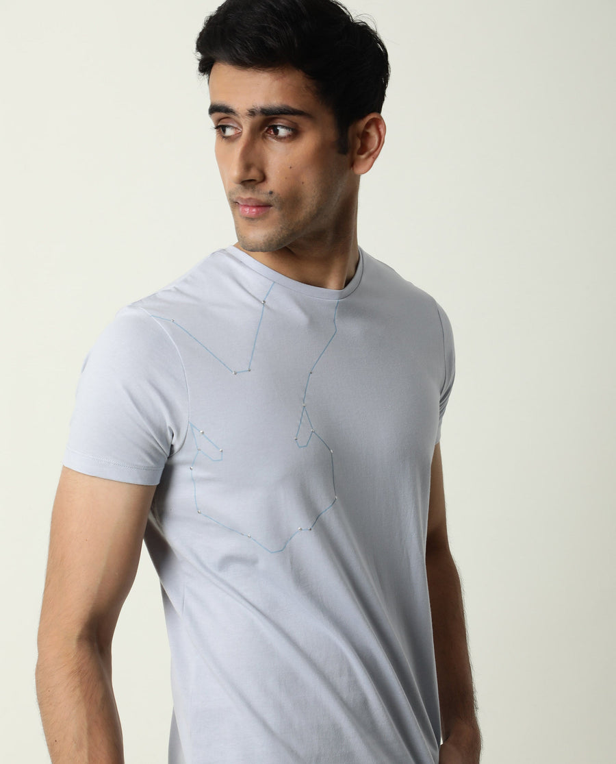 Rare Rabbit Men's Graph Blue Cotton Graphic Print Slim Fit Half Sleeve Crew Neck T-Shirt