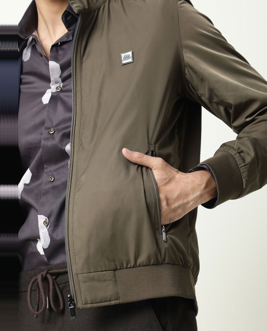 Rare Rabbit Men's Royban Olive Polyester Plain Regular Fit Full Sleeve Mandarin Collar Jacket