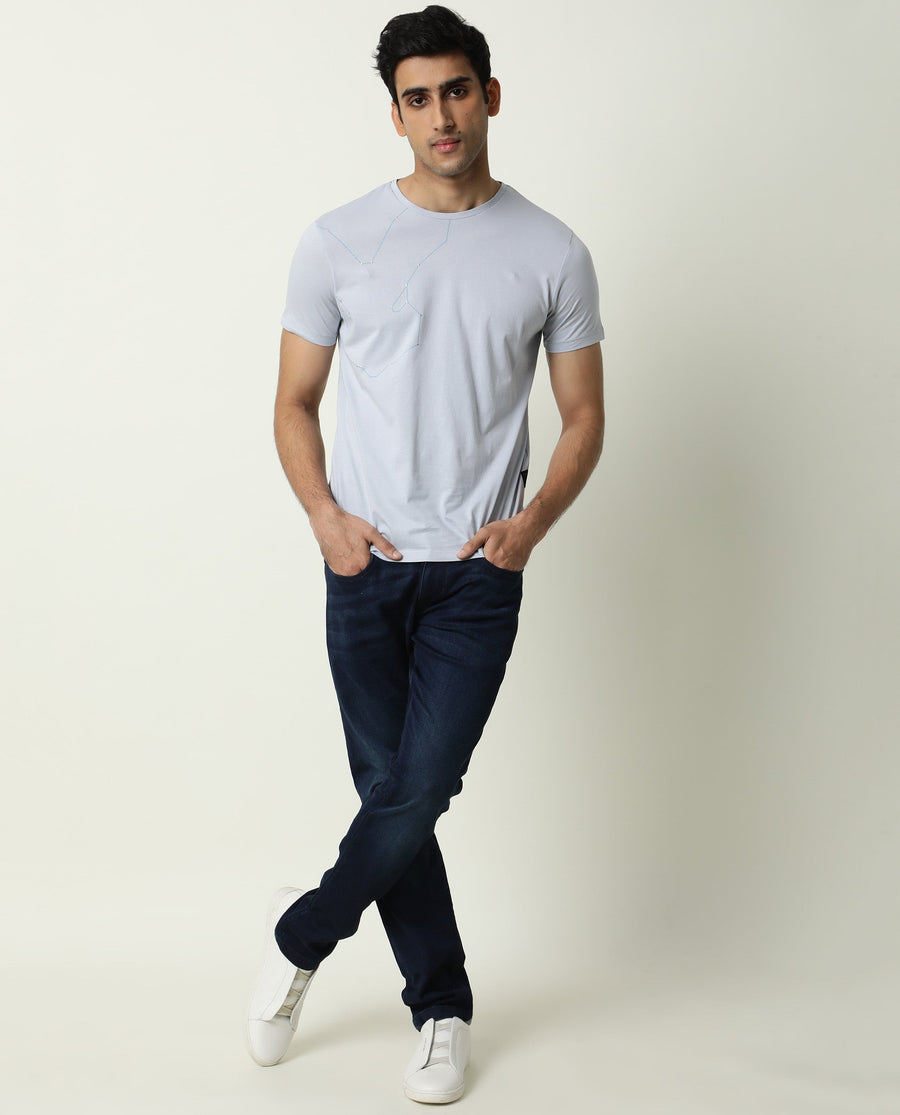 Rare Rabbit Men's Graph Blue Cotton Graphic Print Slim Fit Half Sleeve Crew Neck T-Shirt