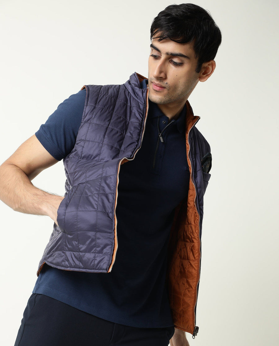 Rare Rabbit Men's Fillex Dark Blue Nylon Plain Regular Fit Sleeveless Mandarin Collar Jacket