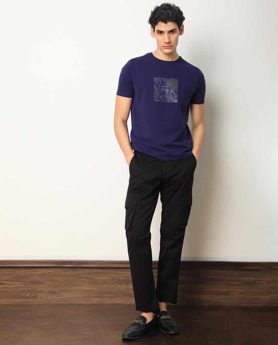 Rare Rabbit Men's Capri Purple Cotton Graphic Print Slim Fit Half Sleeve Crew Neck T-Shirt
