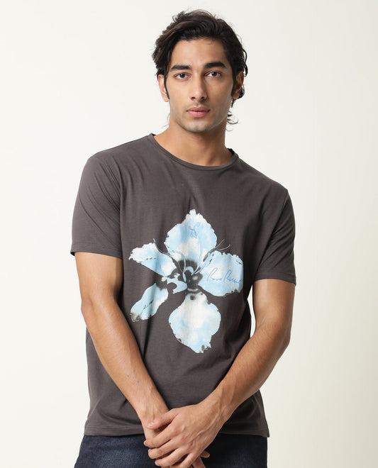 Rare Rabbit Men's Floas Grey Cotton Graphic Print Slim Fit Half Sleeve Crew Neck T-Shirt