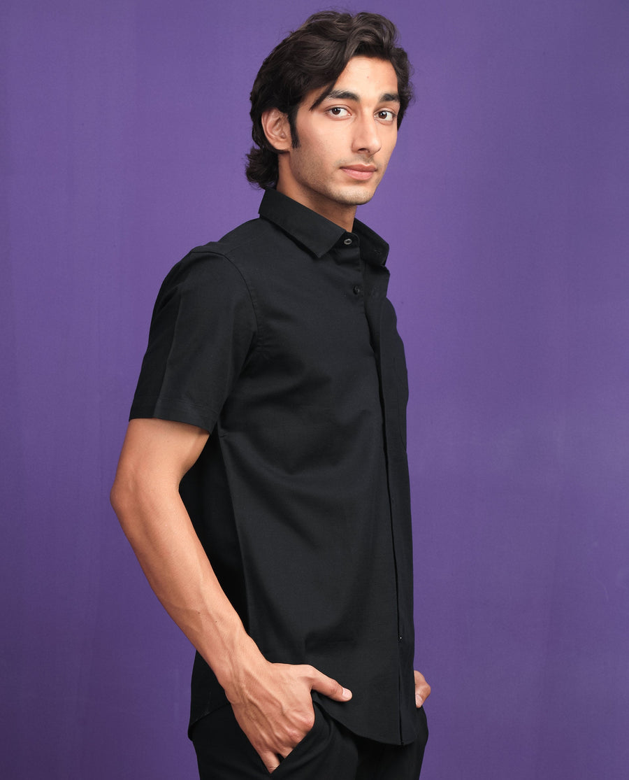 Rare Rabbit Men's Darwin - Black Cotton Plain Regular Fit Half Sleeve Collared Shirt