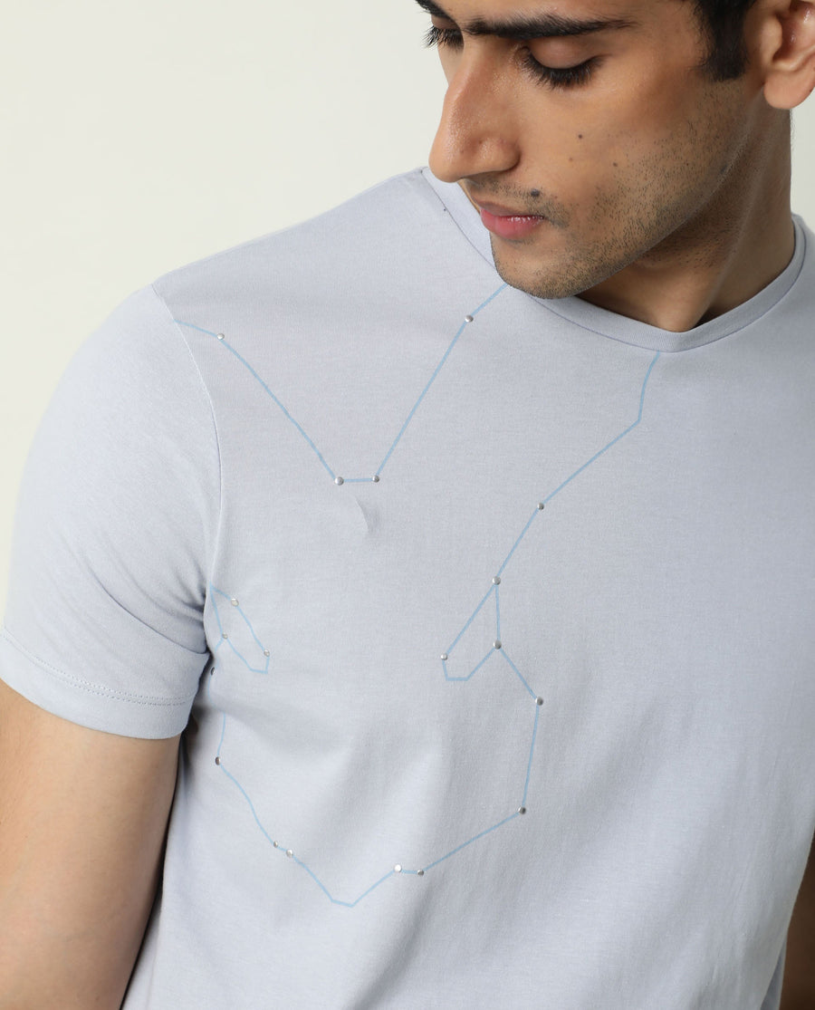 Rare Rabbit Men's Graph Blue Cotton Graphic Print Slim Fit Half Sleeve Crew Neck T-Shirt