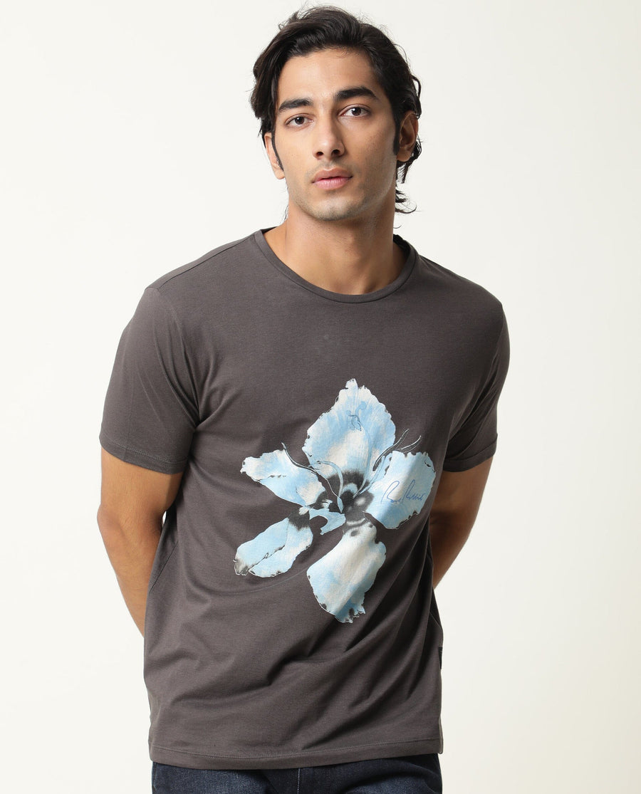 Rare Rabbit Men's Floas Grey Cotton Graphic Print Slim Fit Half Sleeve Crew Neck T-Shirt