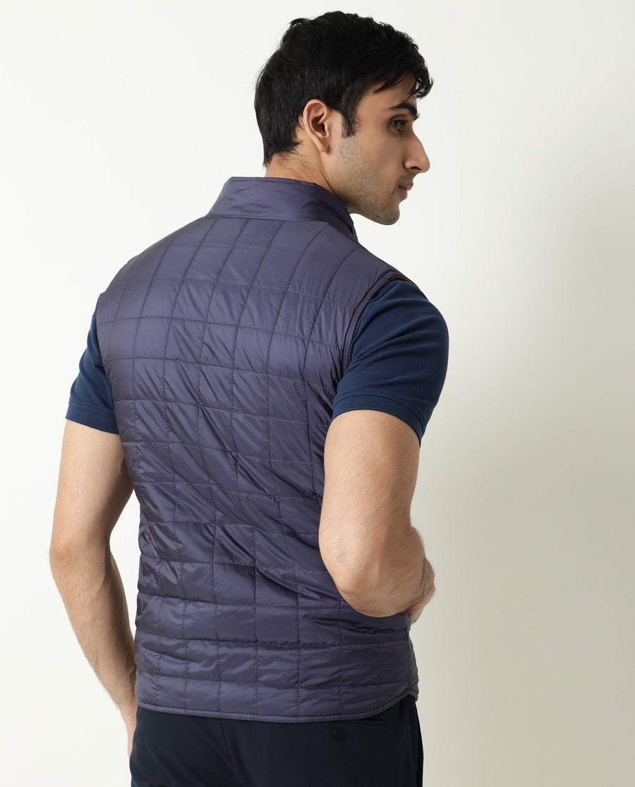 Rare Rabbit Men's Fillex Dark Blue Nylon Plain Regular Fit Sleeveless Mandarin Collar Jacket