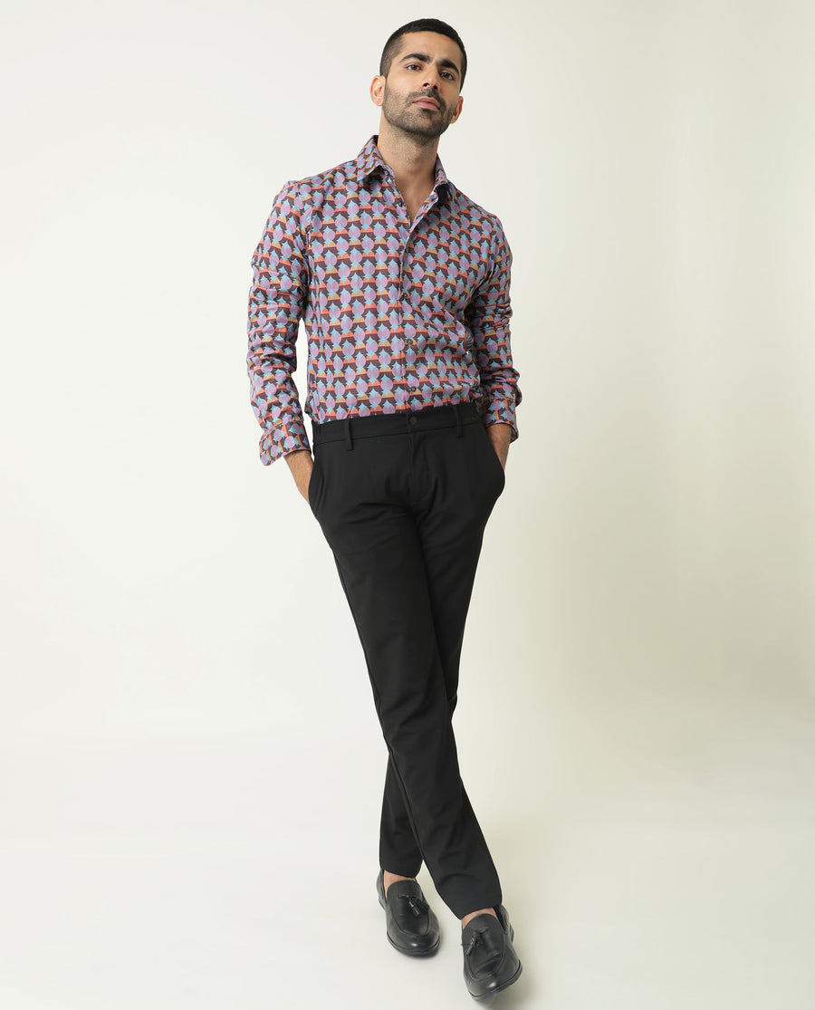 Rare Rabbit Men's Coret Multi Cotton Geometric Print Regular Fit Full Sleeve Collared Shirt