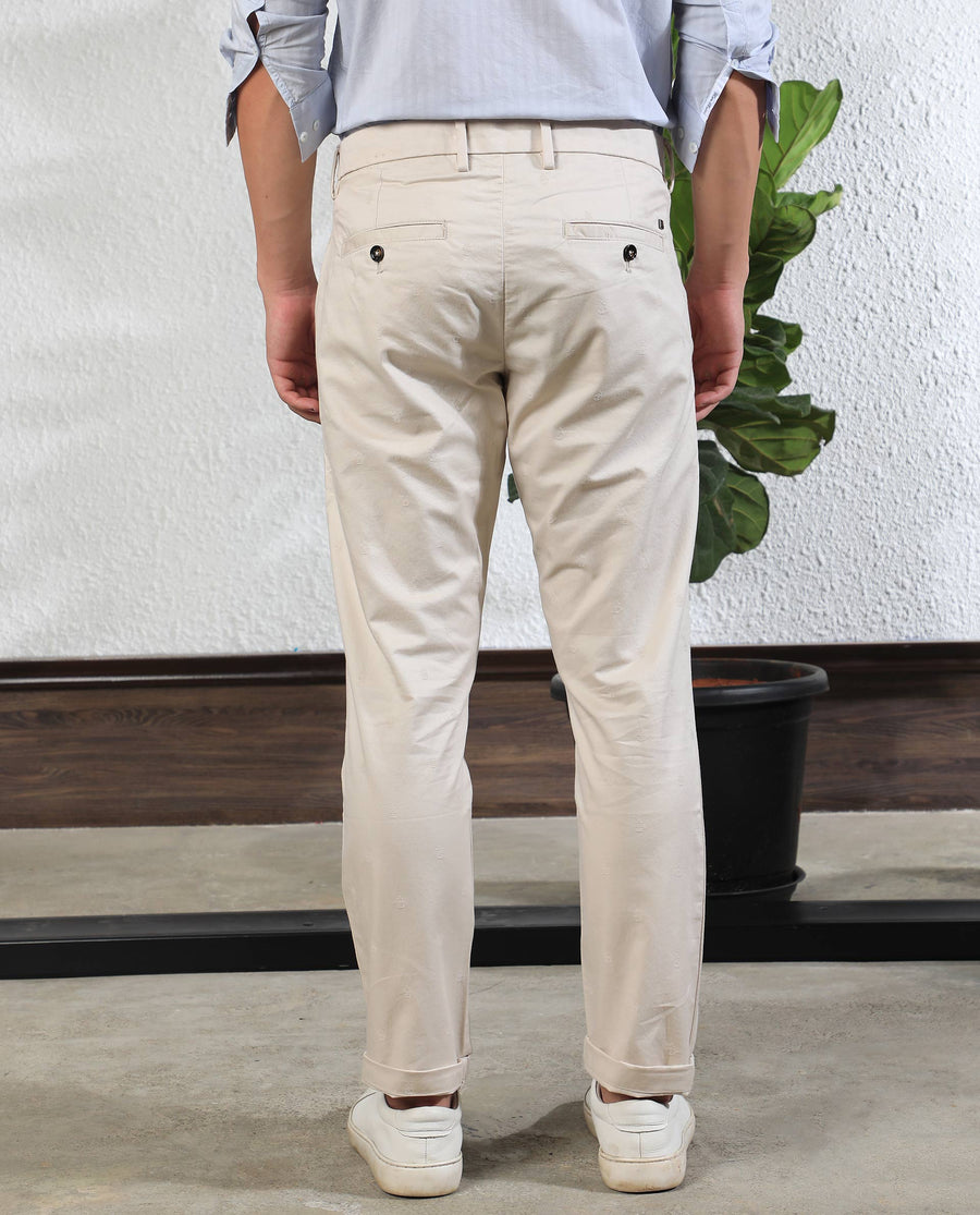 Rare Rabbit Men's Mazzio Beige Cotton Jacquard Slim Fit Trouser
