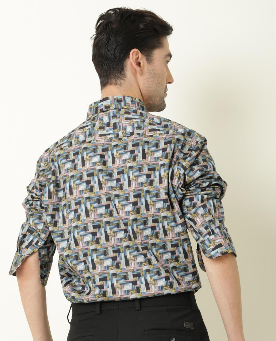 Rare Rabbit Men's Jigsawee Grey Cotton Geometric Print Regular Fit Full Sleeve Collared Shirt