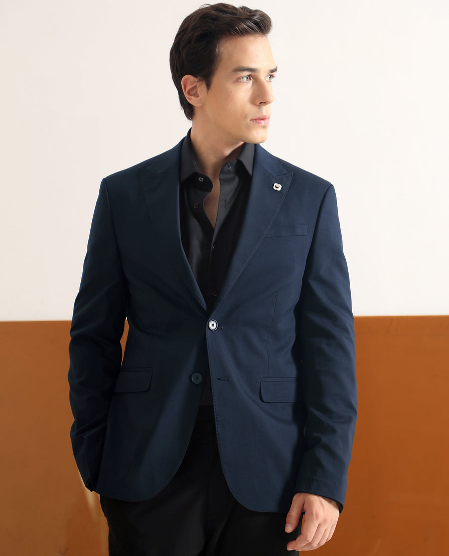 Rare Rabbit Men's Maroni Navy Cotton Plain Tailored Fit Full Sleeve Lapel Neck Blazer