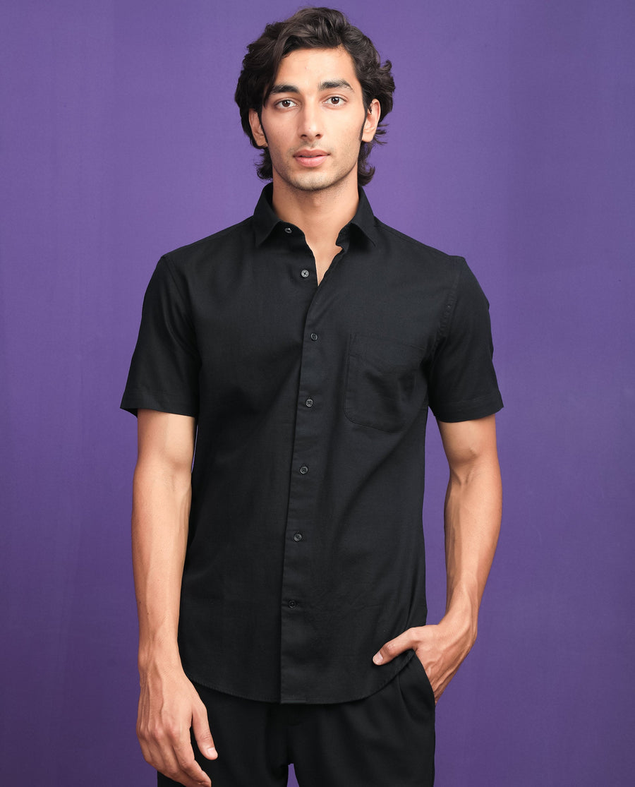 Rare Rabbit Men's Darwin - Black Cotton Plain Regular Fit Half Sleeve Collared Shirt