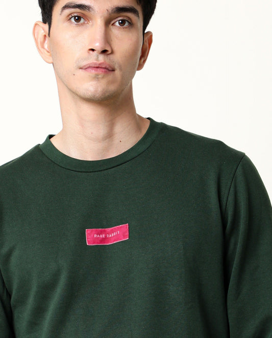 Rare Rabbit Men's Velveto Green Cotton Plain Regular Fit Full Sleeve Crew Neck Sweatshirt