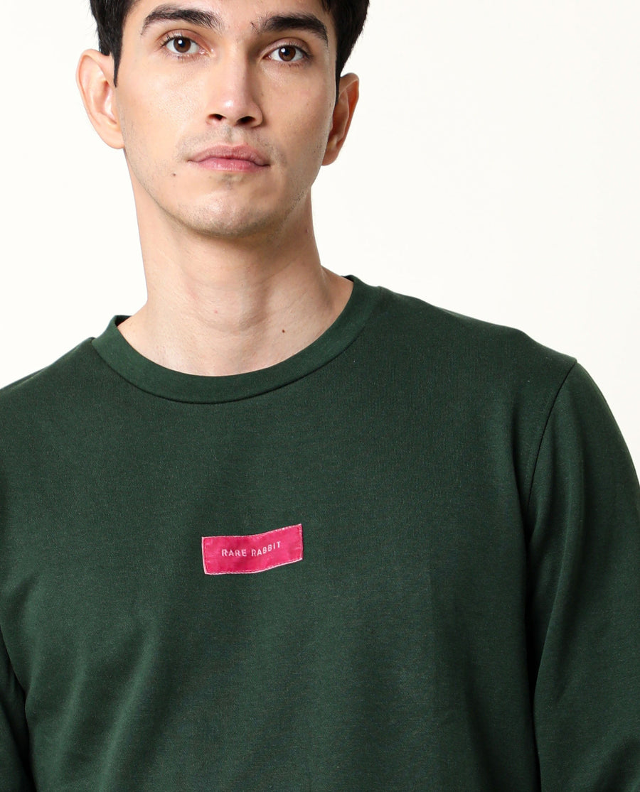 Rare Rabbit Men's Velveto Green Cotton Plain Regular Fit Full Sleeve Crew Neck Sweatshirt