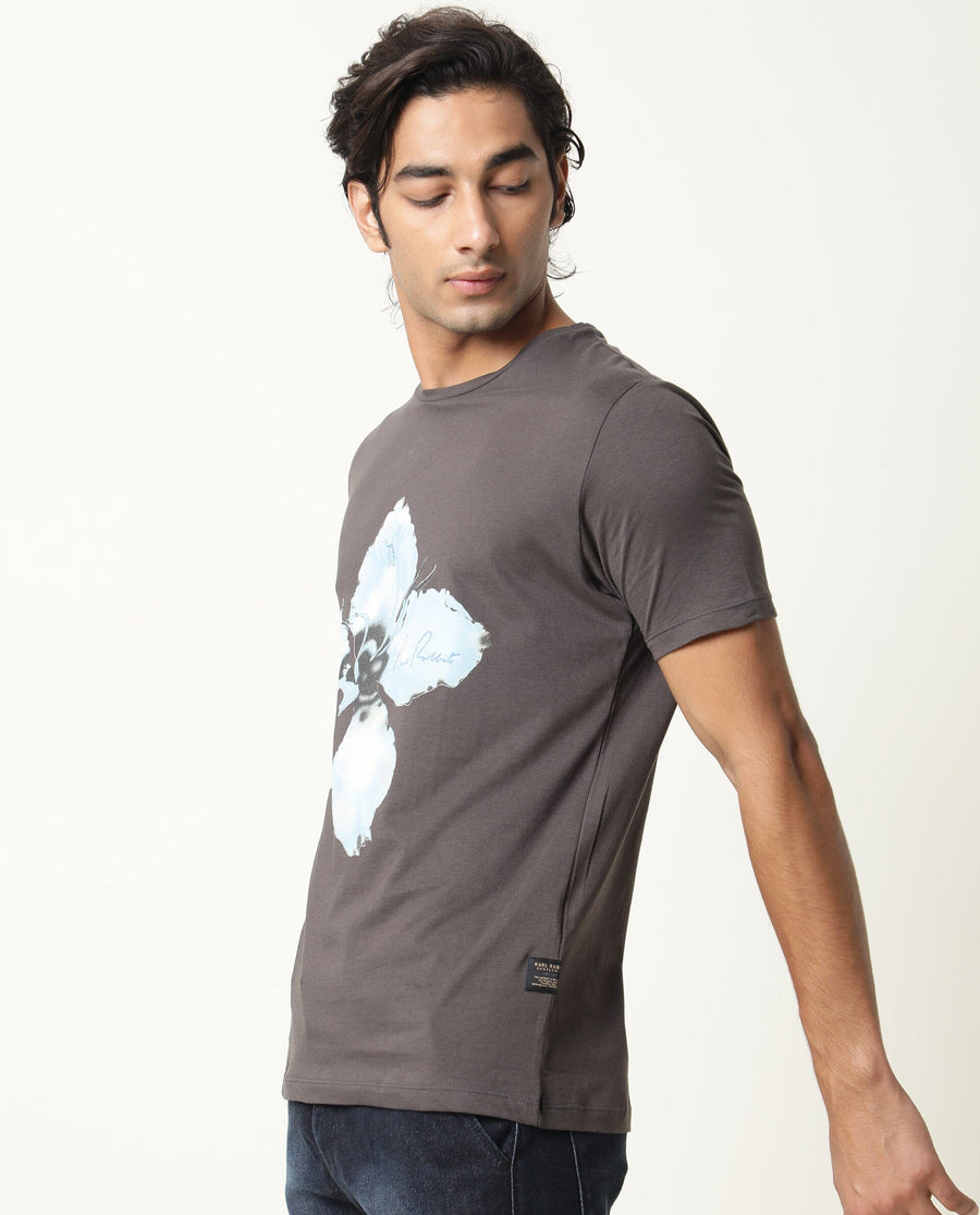Rare Rabbit Men's Floas Grey Cotton Graphic Print Slim Fit Half Sleeve Crew Neck T-Shirt