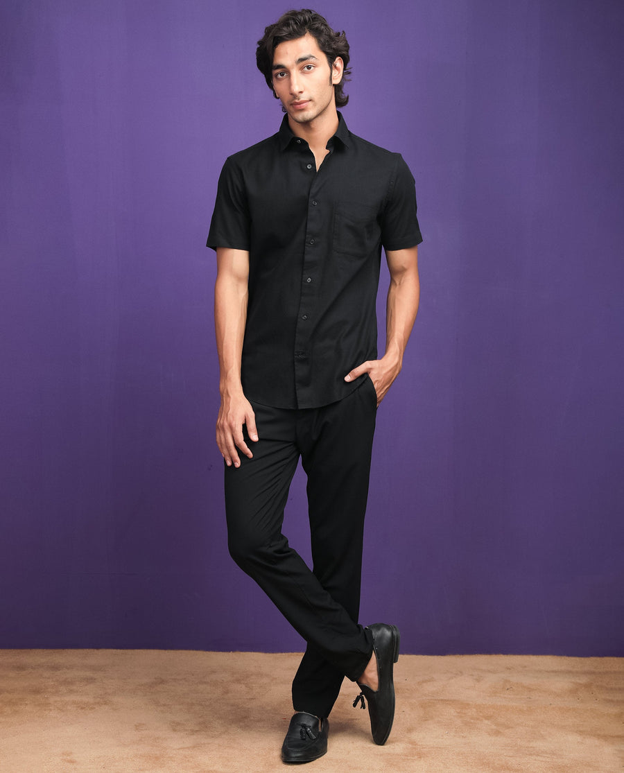 Rare Rabbit Men's Darwin - Black Cotton Plain Regular Fit Half Sleeve Collared Shirt