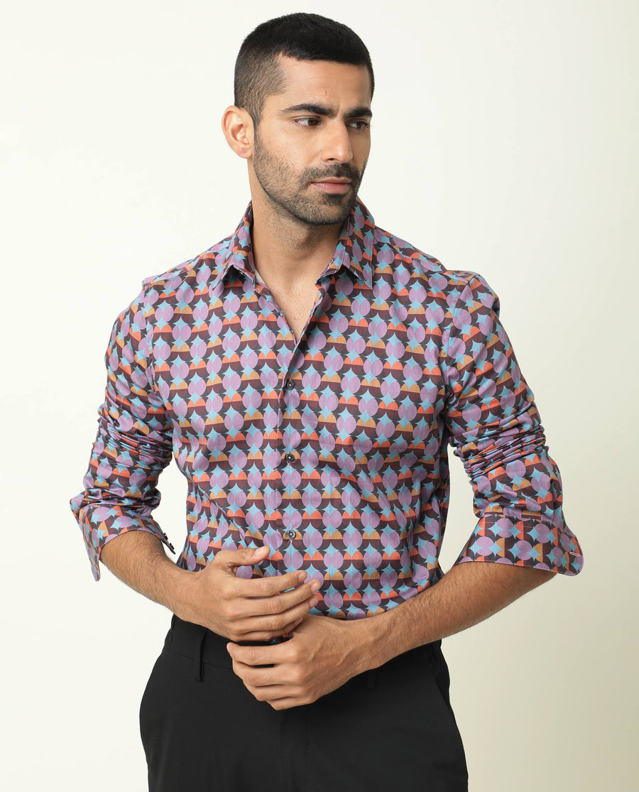 Rare Rabbit Men's Coret Multi Cotton Geometric Print Regular Fit Full Sleeve Collared Shirt
