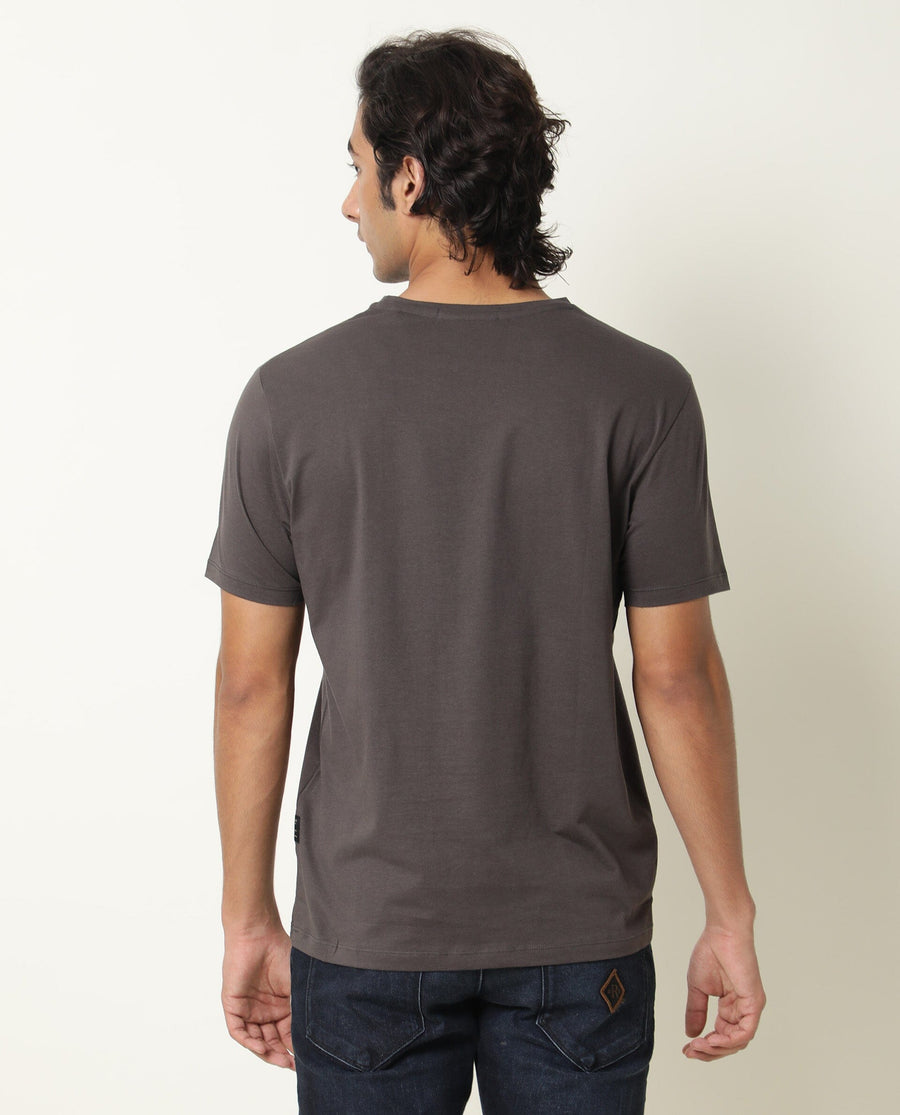 Rare Rabbit Men's Floas Grey Cotton Graphic Print Slim Fit Half Sleeve Crew Neck T-Shirt