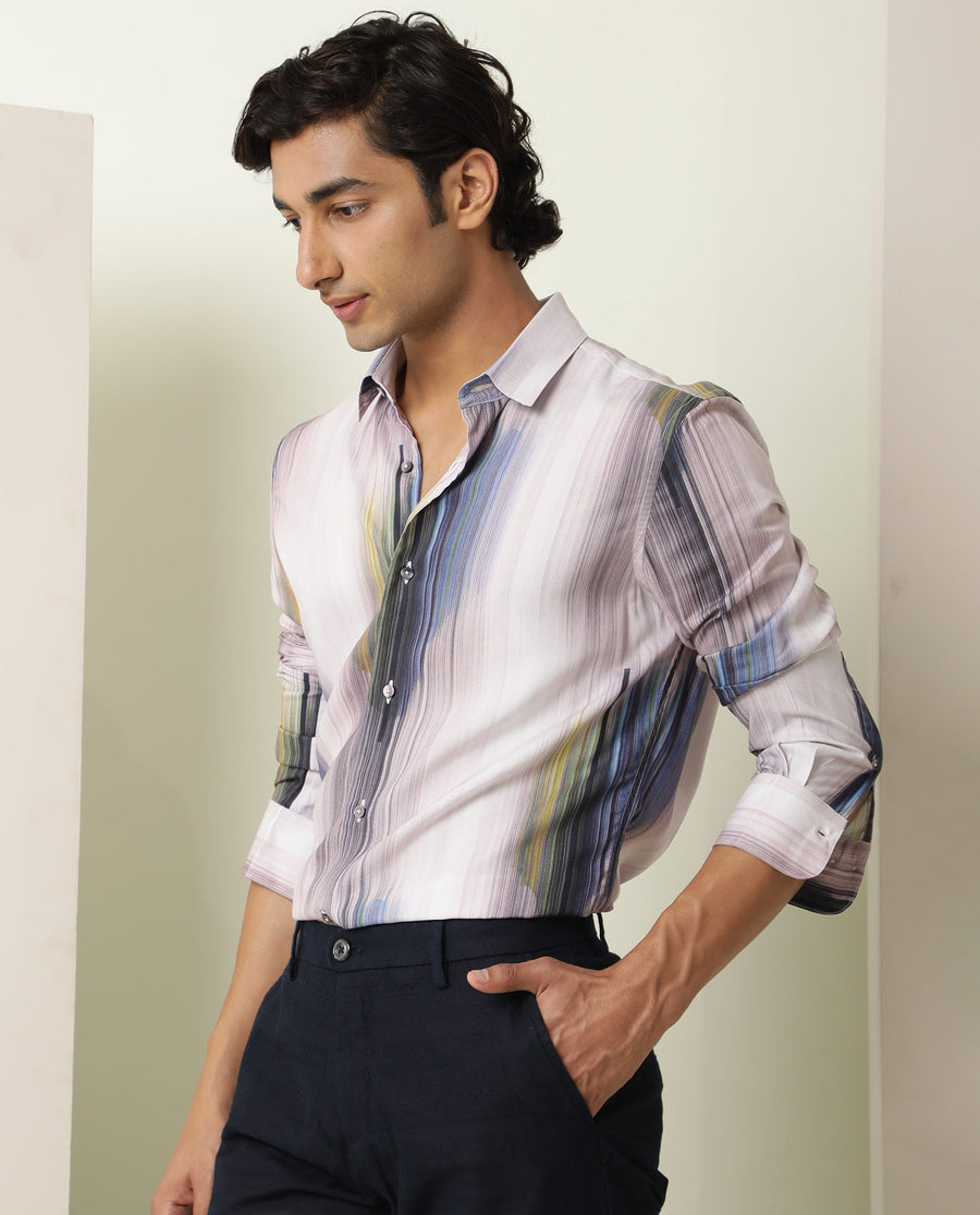 Rare Rabbit Men's Cosmos Blue Cotton Abstract Print Regular Fit Full Sleeve Collared Shirt