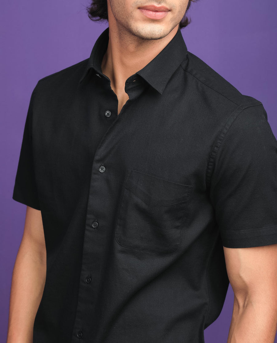 Rare Rabbit Men's Darwin - Black Cotton Plain Regular Fit Half Sleeve Collared Shirt