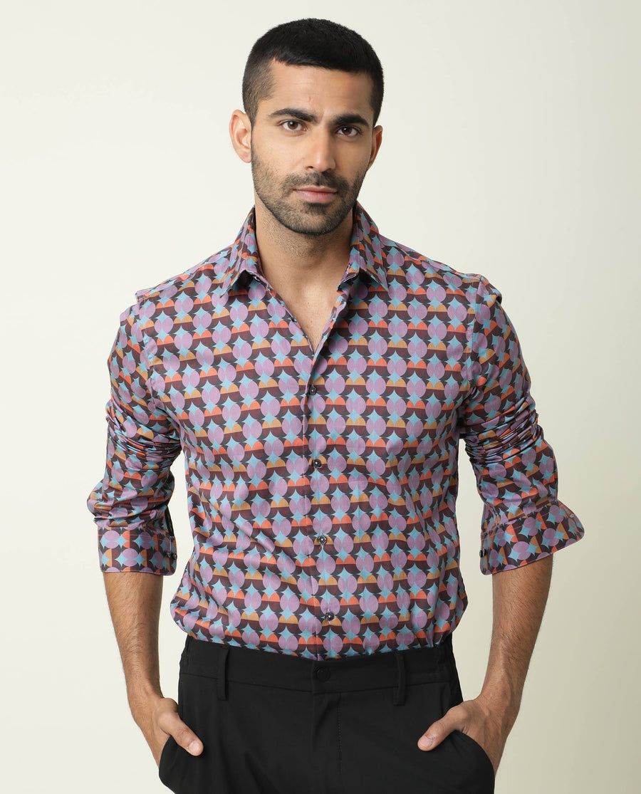 Rare Rabbit Men's Coret Multi Cotton Geometric Print Regular Fit Full Sleeve Collared Shirt