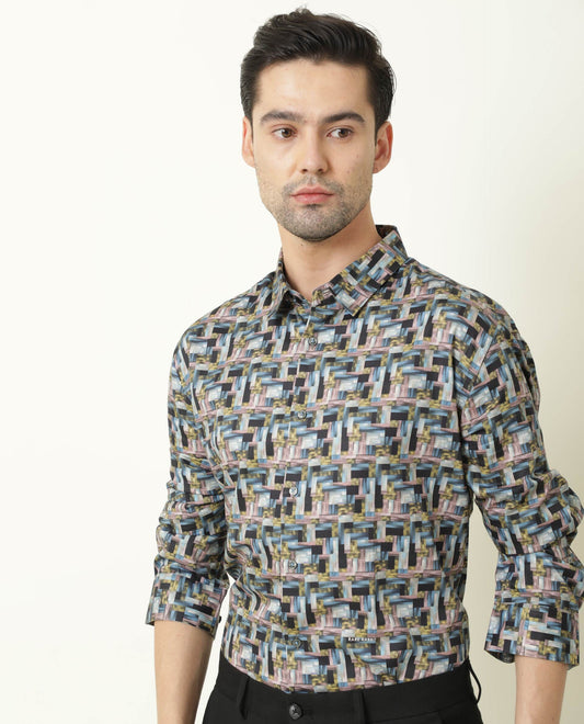 Rare Rabbit Men's Jigsawee Grey Cotton Geometric Print Regular Fit Full Sleeve Collared Shirt