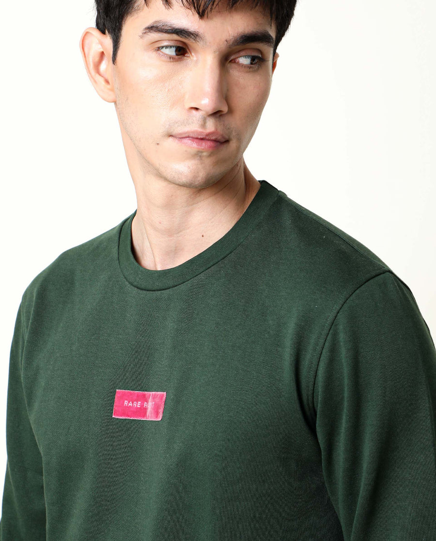 Rare Rabbit Men's Velveto Green Cotton Plain Regular Fit Full Sleeve Crew Neck Sweatshirt