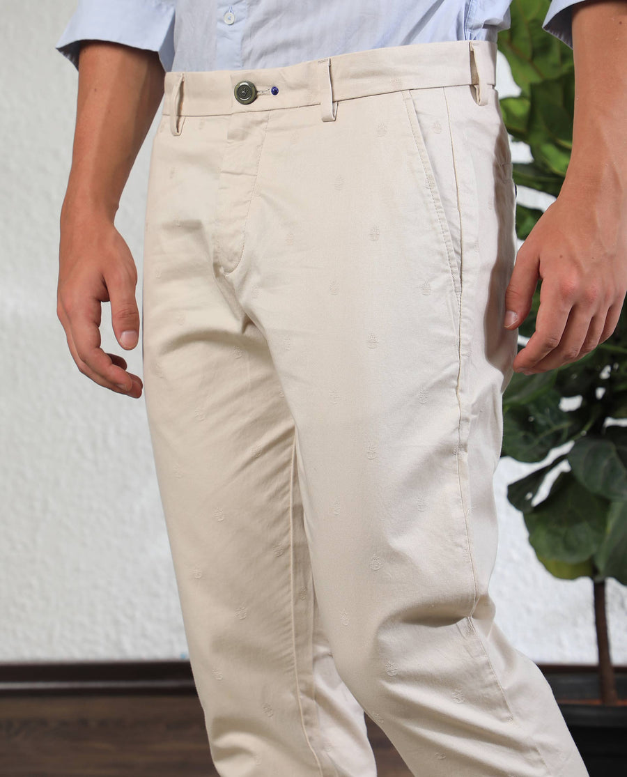 Rare Rabbit Men's Mazzio Beige Cotton Jacquard Slim Fit Trouser