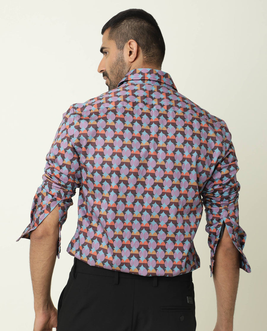Rare Rabbit Men's Coret Multi Cotton Geometric Print Regular Fit Full Sleeve Collared Shirt