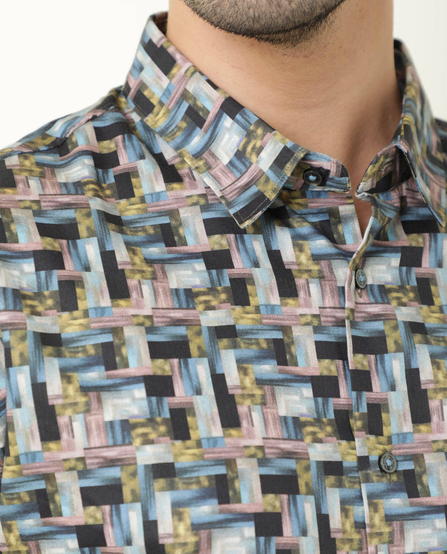 Rare Rabbit Men's Jigsawee Grey Cotton Geometric Print Regular Fit Full Sleeve Collared Shirt
