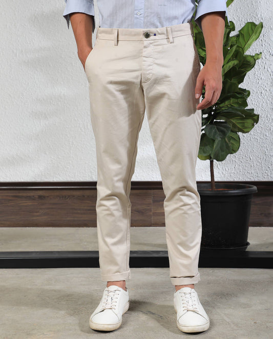 Rare Rabbit Men's Mazzio Beige Cotton Jacquard Slim Fit Trouser