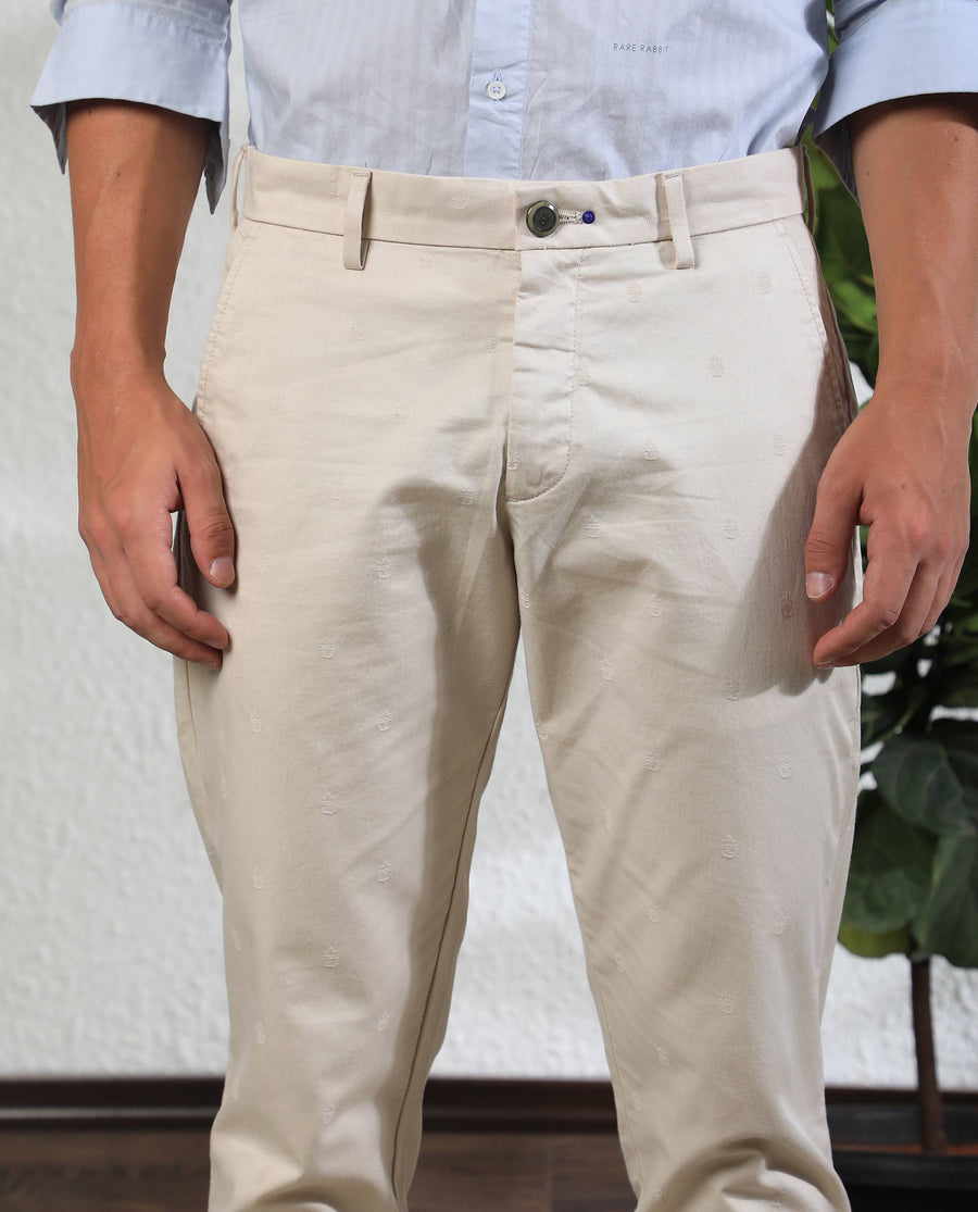 Rare Rabbit Men's Mazzio Beige Cotton Jacquard Slim Fit Trouser