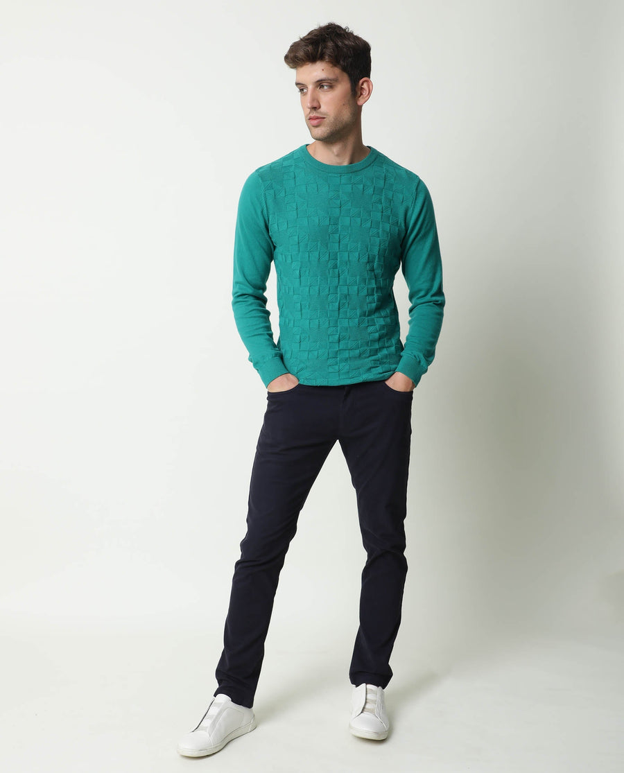 Rare Rabbit Men's Russ Green Cotton Textured Relaxed Fit Full Sleeve Crew Neck Sweater