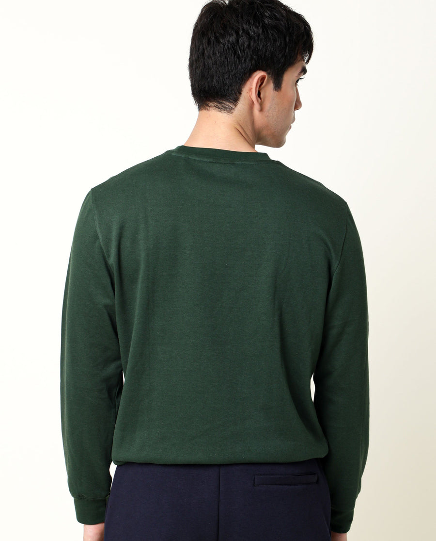 Rare Rabbit Men's Velveto Green Cotton Plain Regular Fit Full Sleeve Crew Neck Sweatshirt