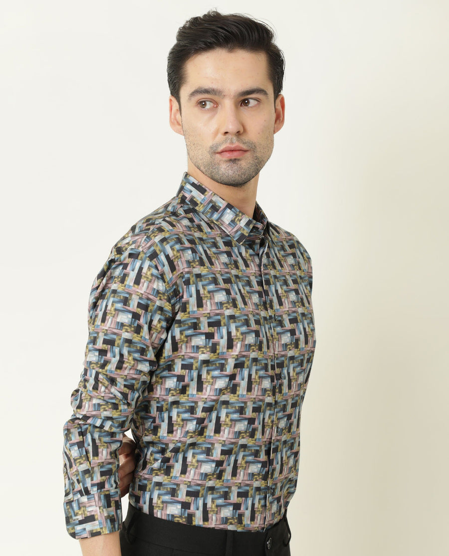 Rare Rabbit Men's Jigsawee Grey Cotton Geometric Print Regular Fit Full Sleeve Collared Shirt