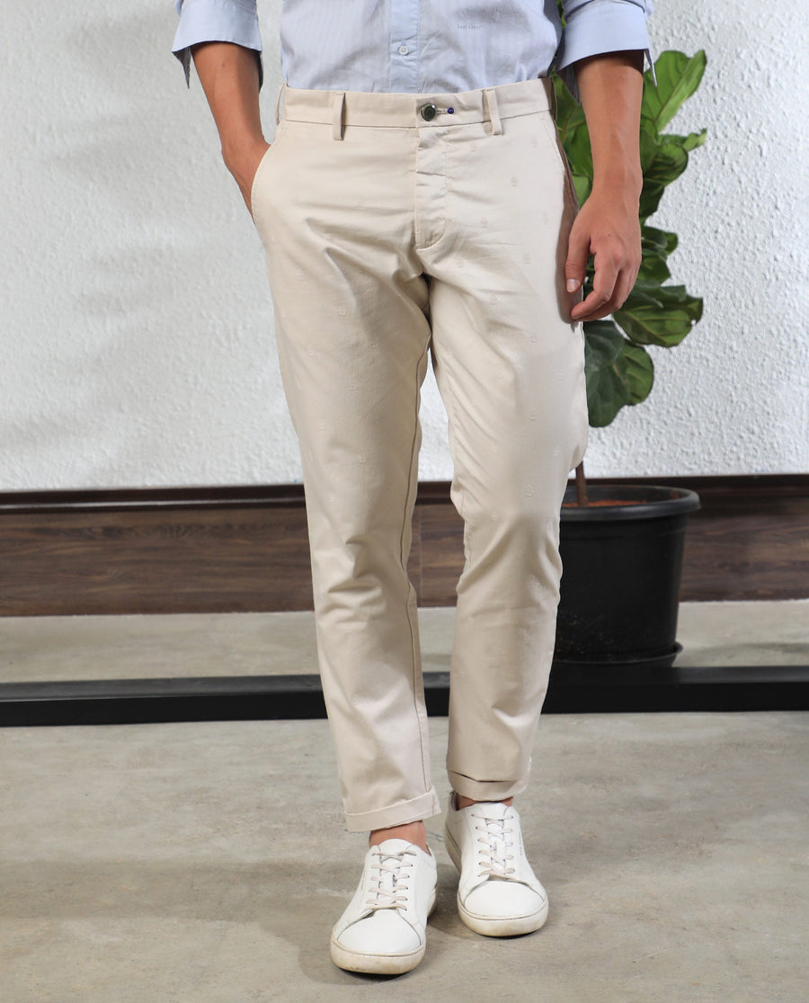 Rare Rabbit Men's Mazzio Beige Cotton Jacquard Slim Fit Trouser