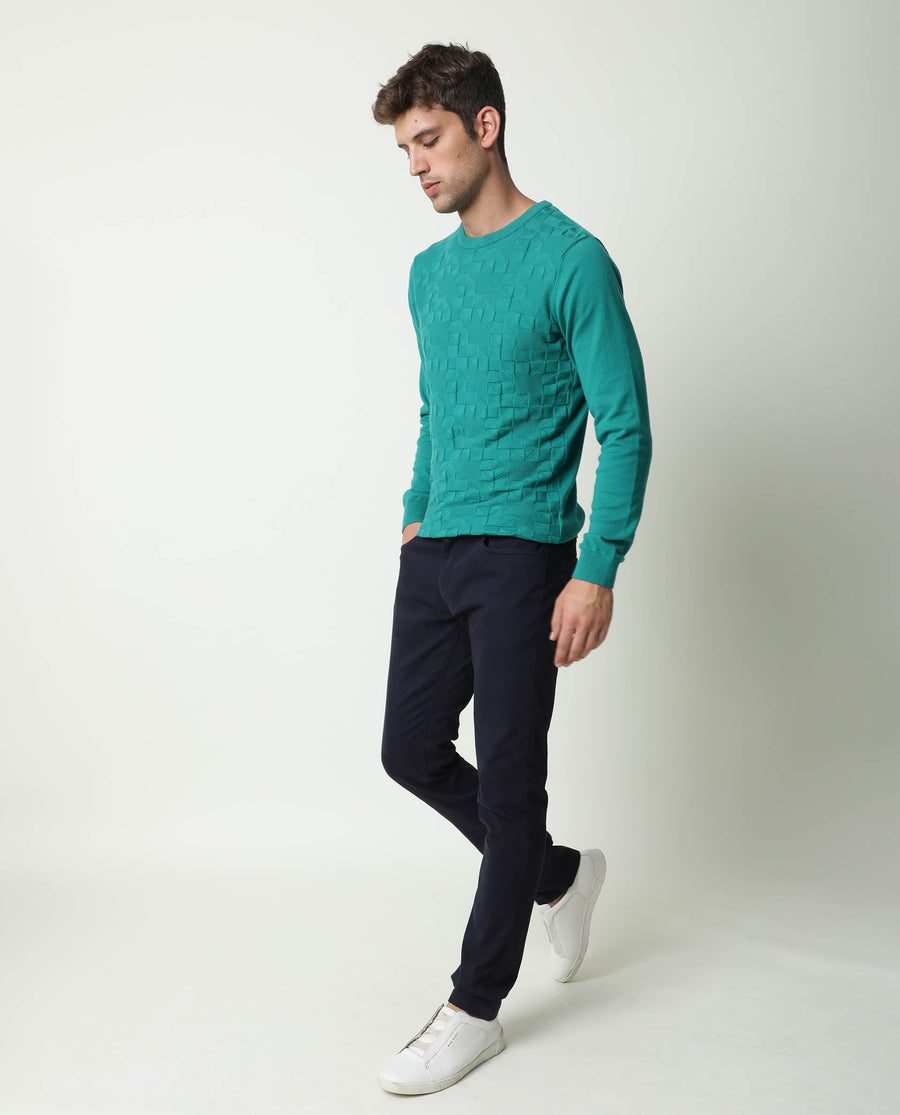 Rare Rabbit Men's Russ Green Cotton Textured Relaxed Fit Full Sleeve Crew Neck Sweater